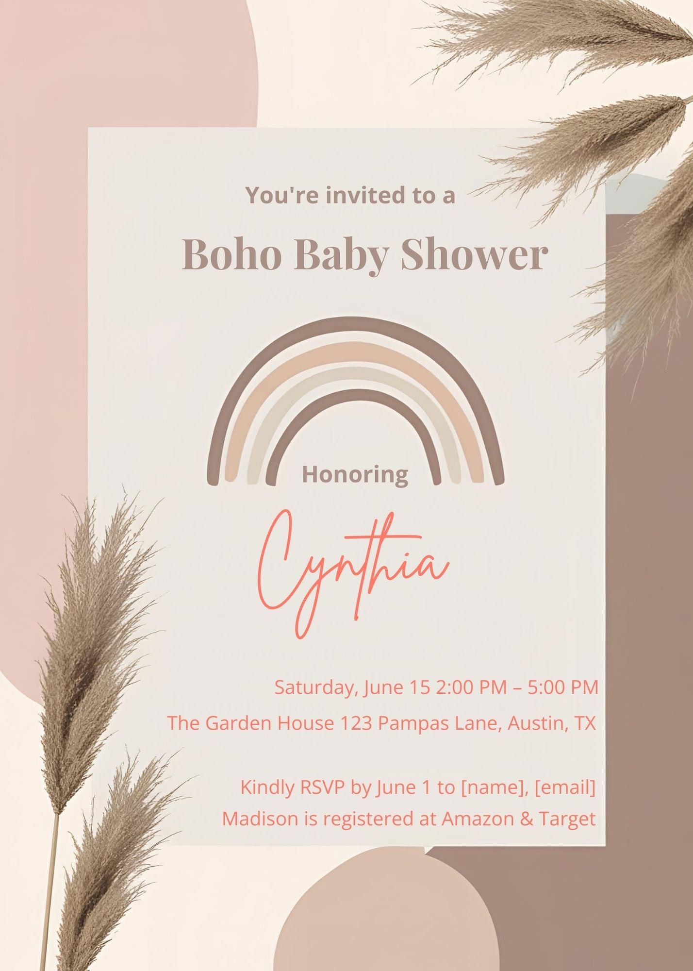 Boho Baby Shower Invitation Template – Pampas Grass – Editable with Corjl