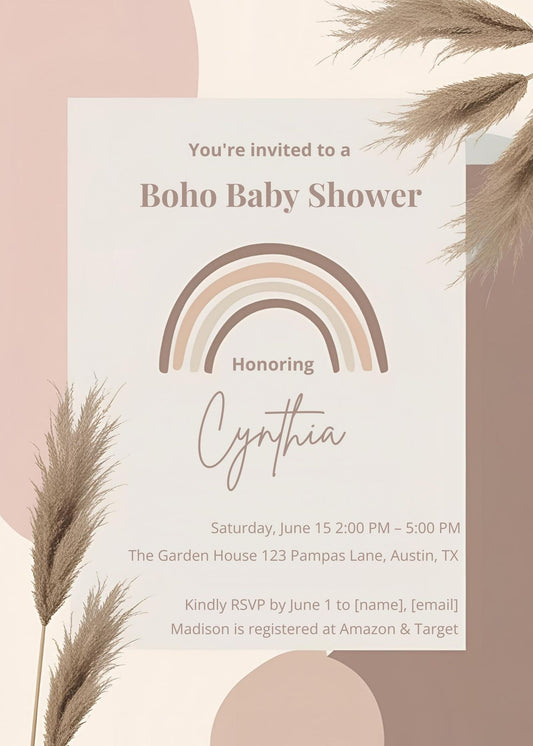 Boho Baby Shower Invitation Template – Pampas Grass – Editable with Corjl